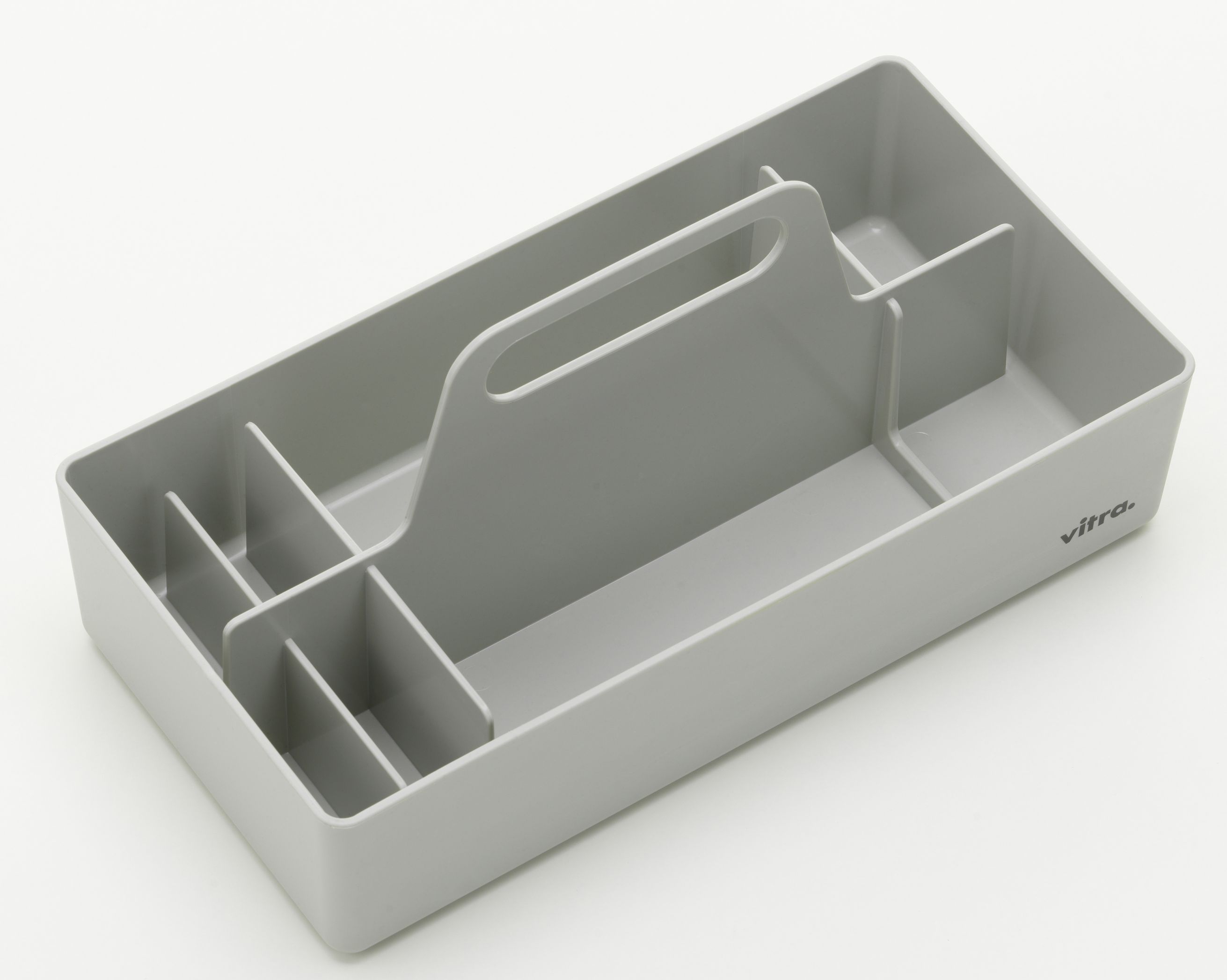Vitra Toolbox RE, graue Organisationsbox mit Fächern und Tragegriff für Büro und Zuhause.