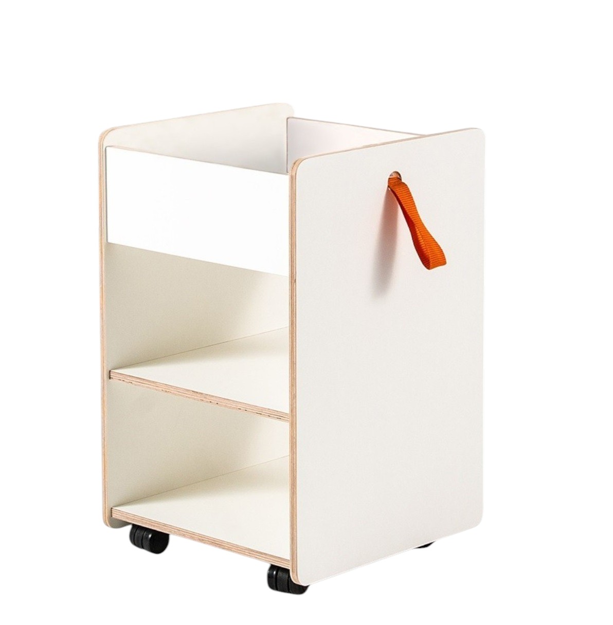 Weißer Kindercontainer Fixx von Richard Lampert mit Rollen und zwei Regalböden zur Aufbewahrung.