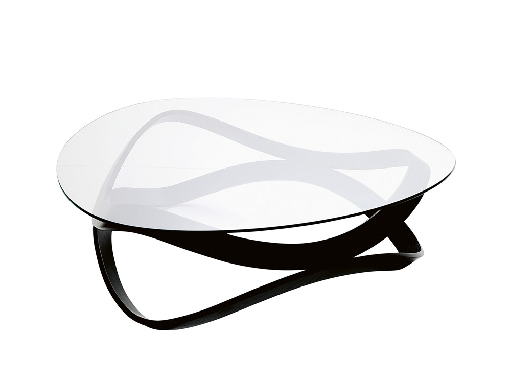 Newton Sofatisch von Karl Andersson & Soener mit runder Glasplatte und schwarzem Holzgestell.