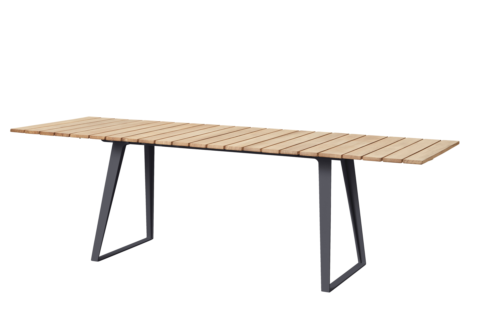Cane-Line Esstisch aus Teakholz für den Außenbereich mit modernem, geradlinigem Design und grauem Gestell.