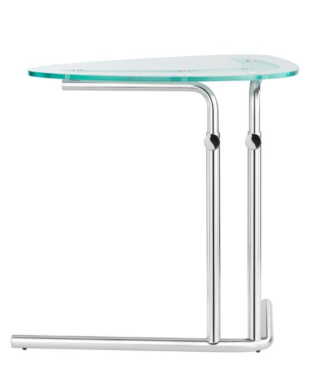 K22L Tecta Beistelltisch: Mobiler Tisch mit Glasplatte und verchromtem Stahlgestell.