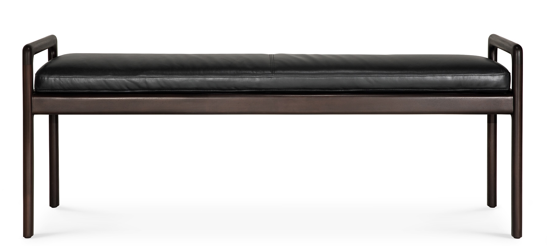 Ethnicraft Jack Bank mit schwarzem Leder Sitzpolster, modernes Möbel Design.