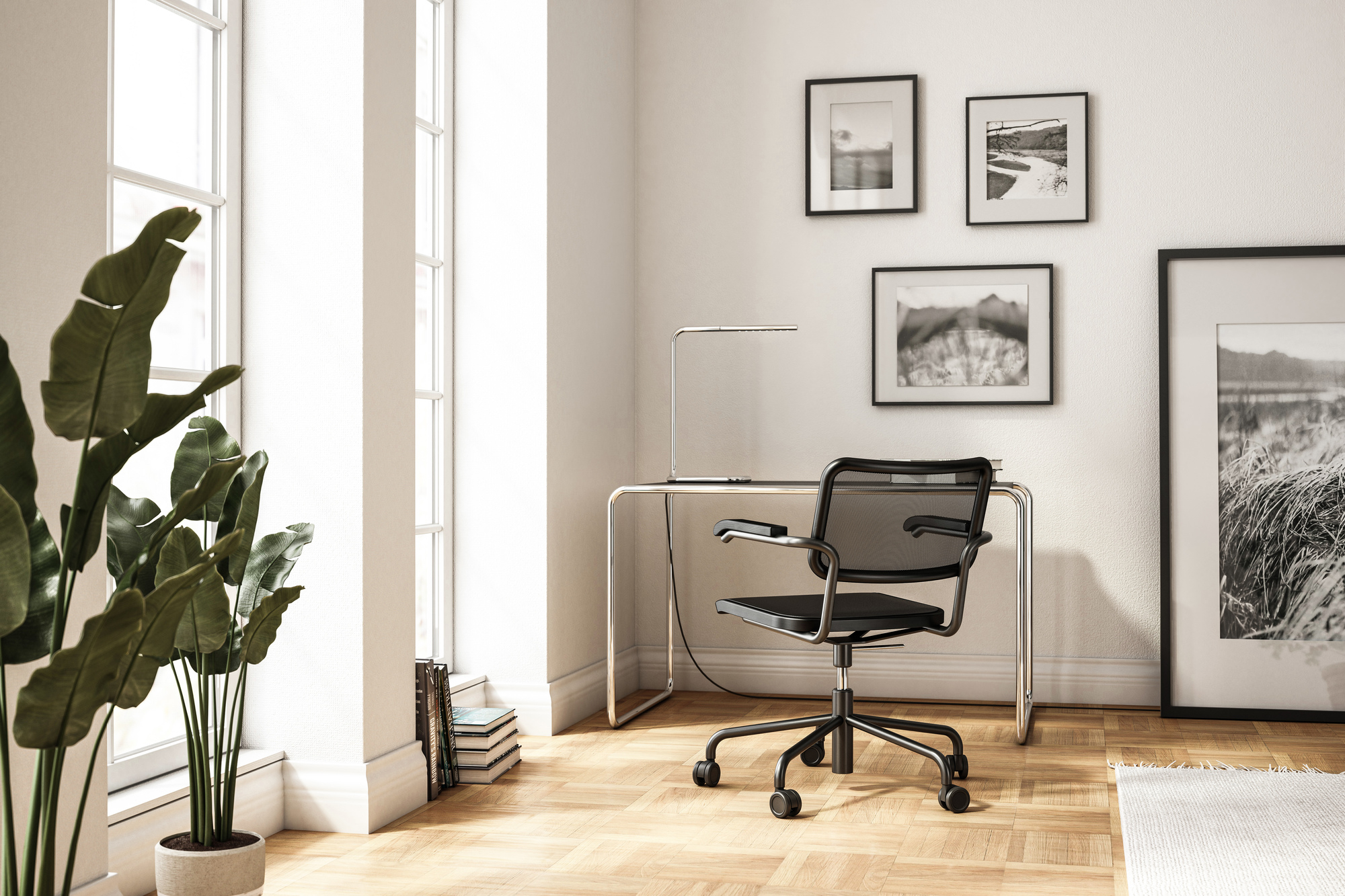 Moderner Arbeitsplatz mit S 285/0 Stahlrohr Schreibtisch von Thonet und Bürostuhl in minimalistischem Design.