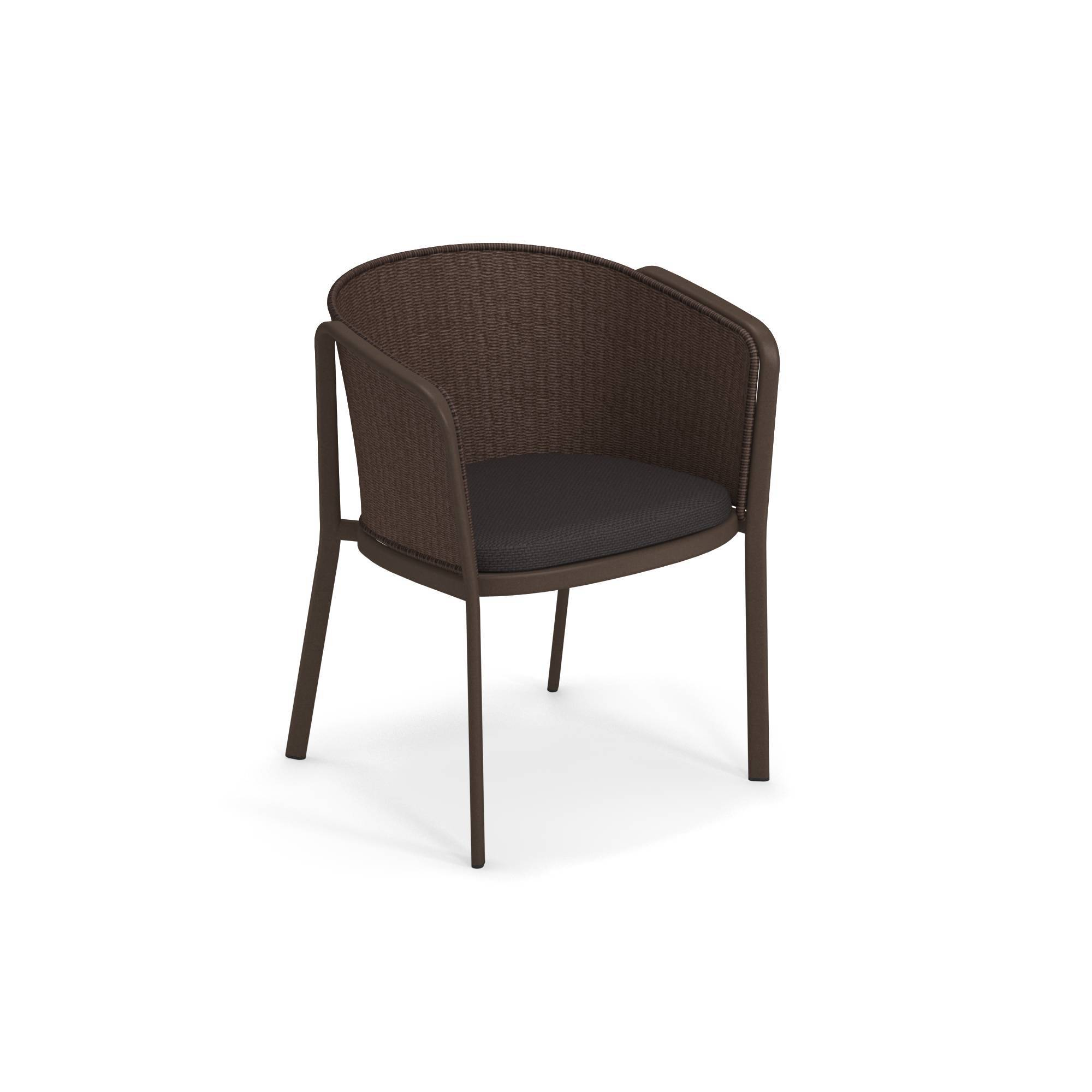 Carousel Armlehnstuhl von Emu, braun meliert, mit dunklem Sitzkissen, für den Außenbereich.