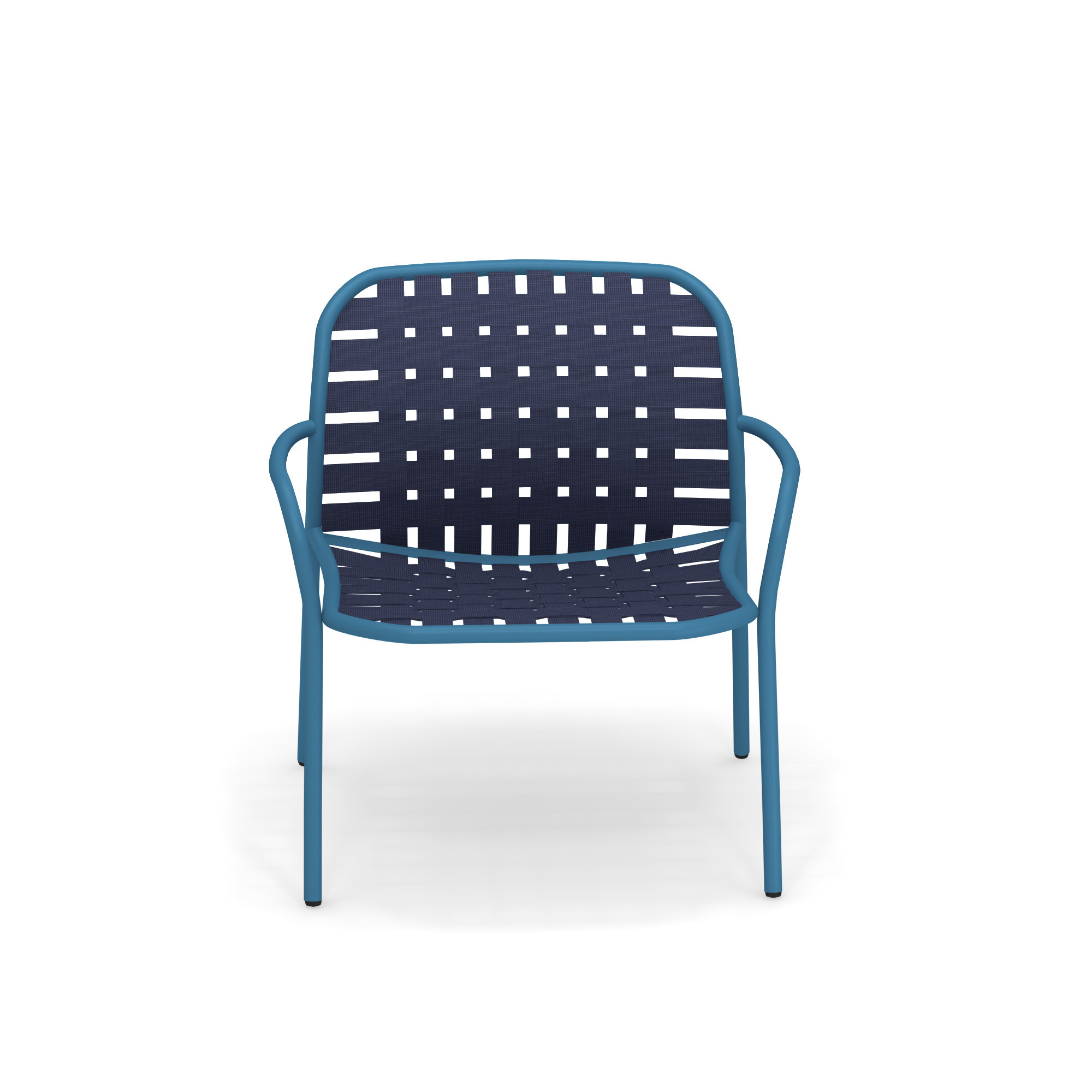 Blauer Yard Lounge Chair Sessel von Emu mit Armlehnen und dunkelblauer Sitzfläche aus Kunststoffbändern.