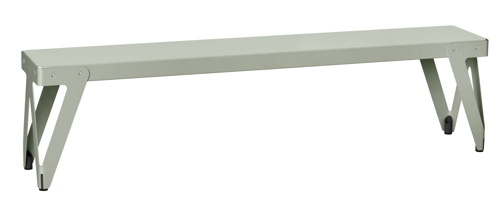 Helle Lloyd Bank für den Außenbereich, eine moderne Sitzbank aus pulverbeschichtetem Metall.