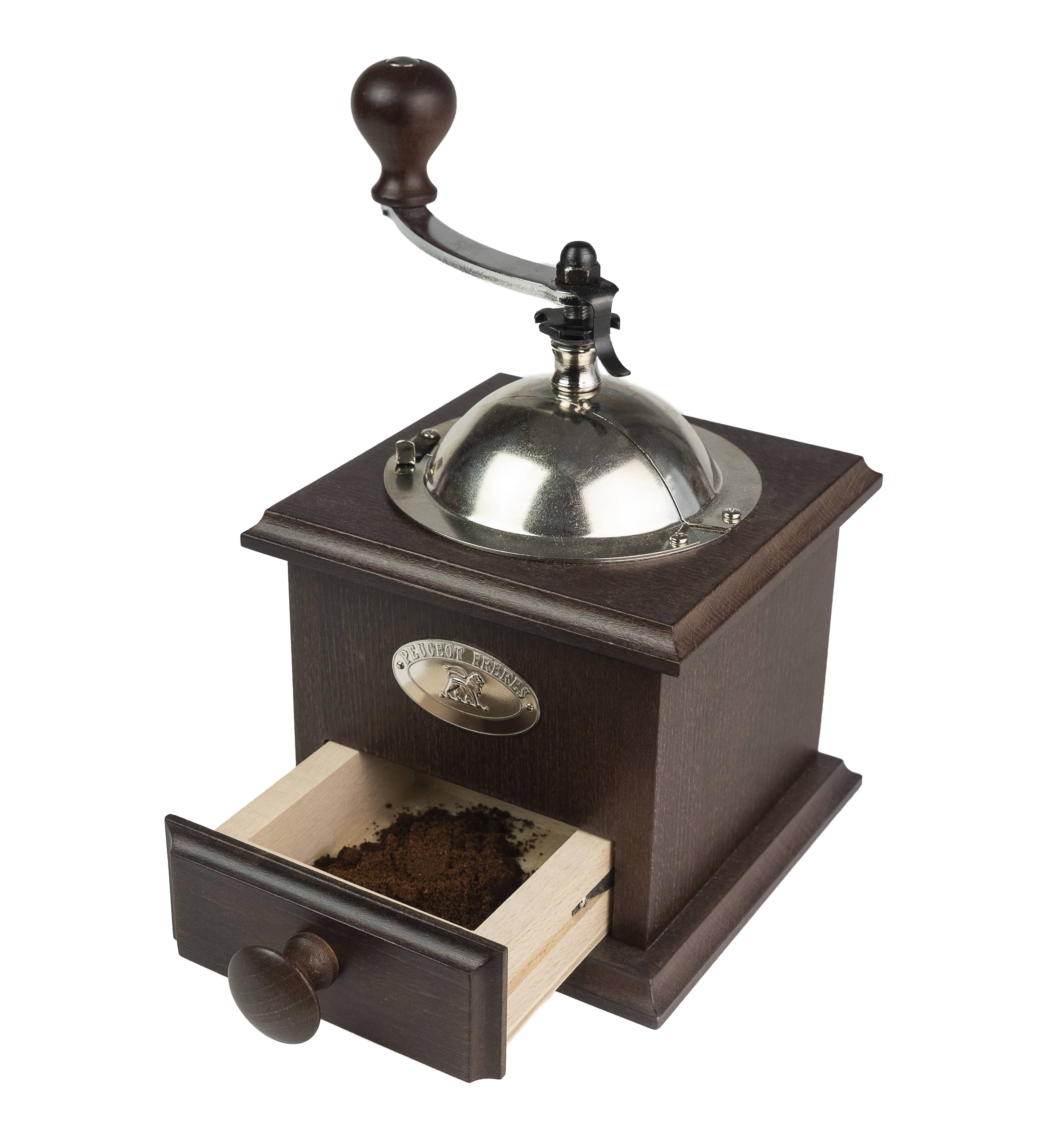 Nostalgie Kaffeemühle von Peugeot mit Schublade und Kaffeepulver, ideal für frisch gemahlenen Kaffee.
