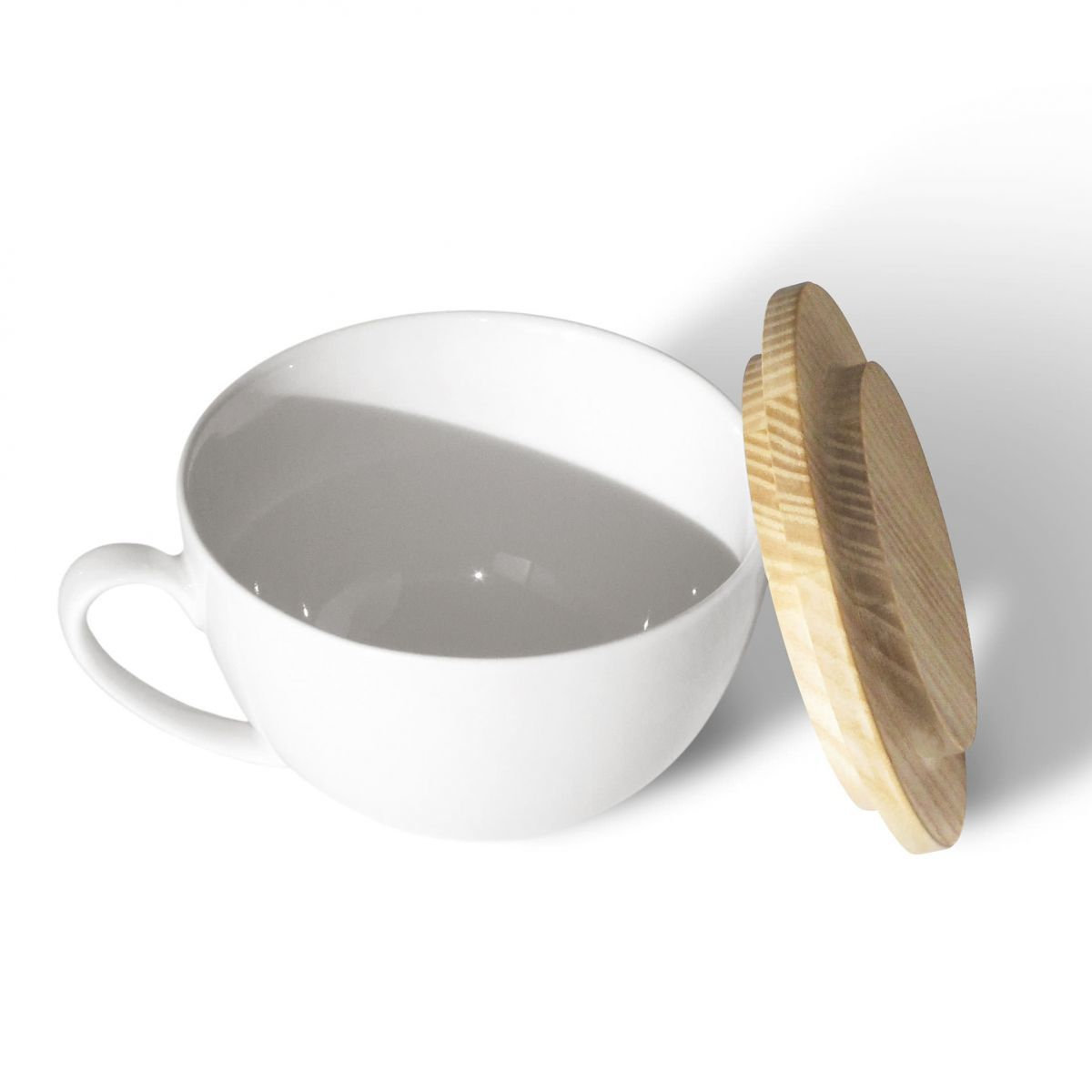 Weiße Schale mit OH, GUT Holzdeckel, Einzelstück, Universaldeckel, Side by Side.