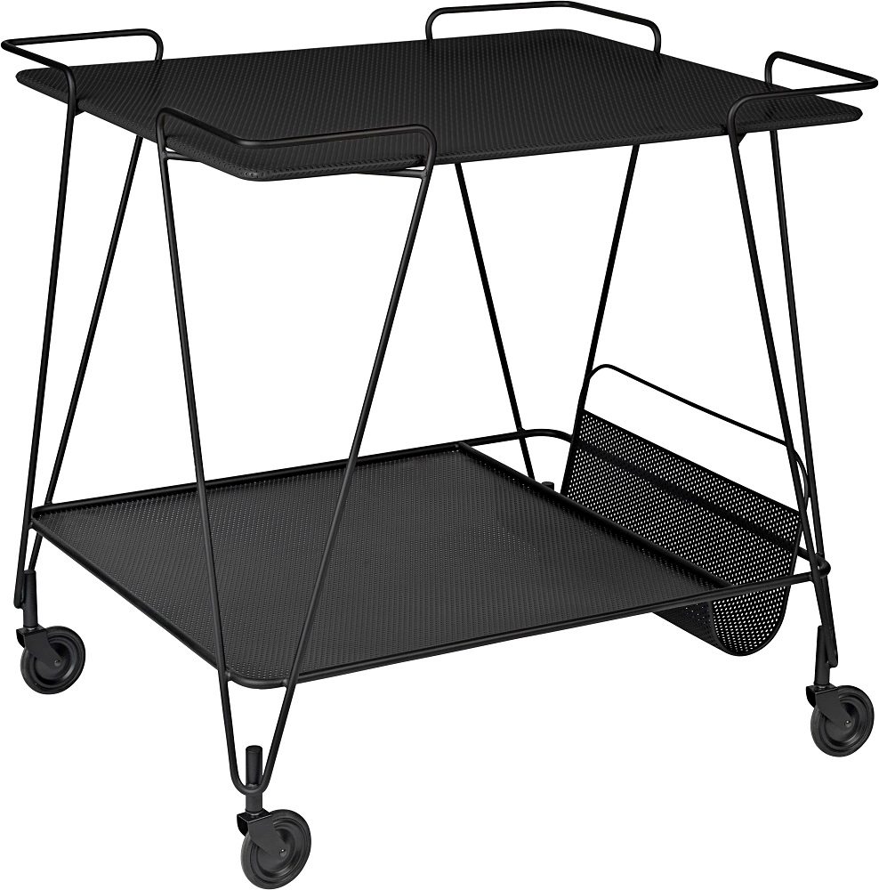 Schwarzer Matégot Trolley Servierwagen mit zwei Ablageflächen und Rollen, modernes Design für Wohnzimmer und Küche.