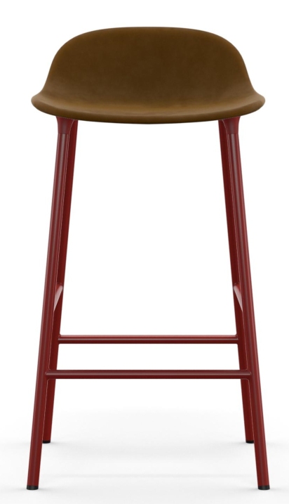 Normann Copenhagen Form Barstool: Gepolsterter Barhocker mit braunem Sitz und rotem Stahlgestell, Höhe 65 cm.