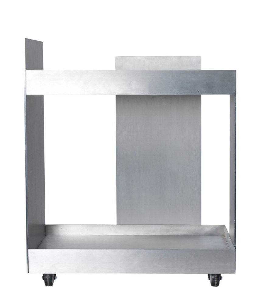 Aluminium Servierwagen von Ferm Living mit zwei Ablageflächen und Rollen, Frontansicht.