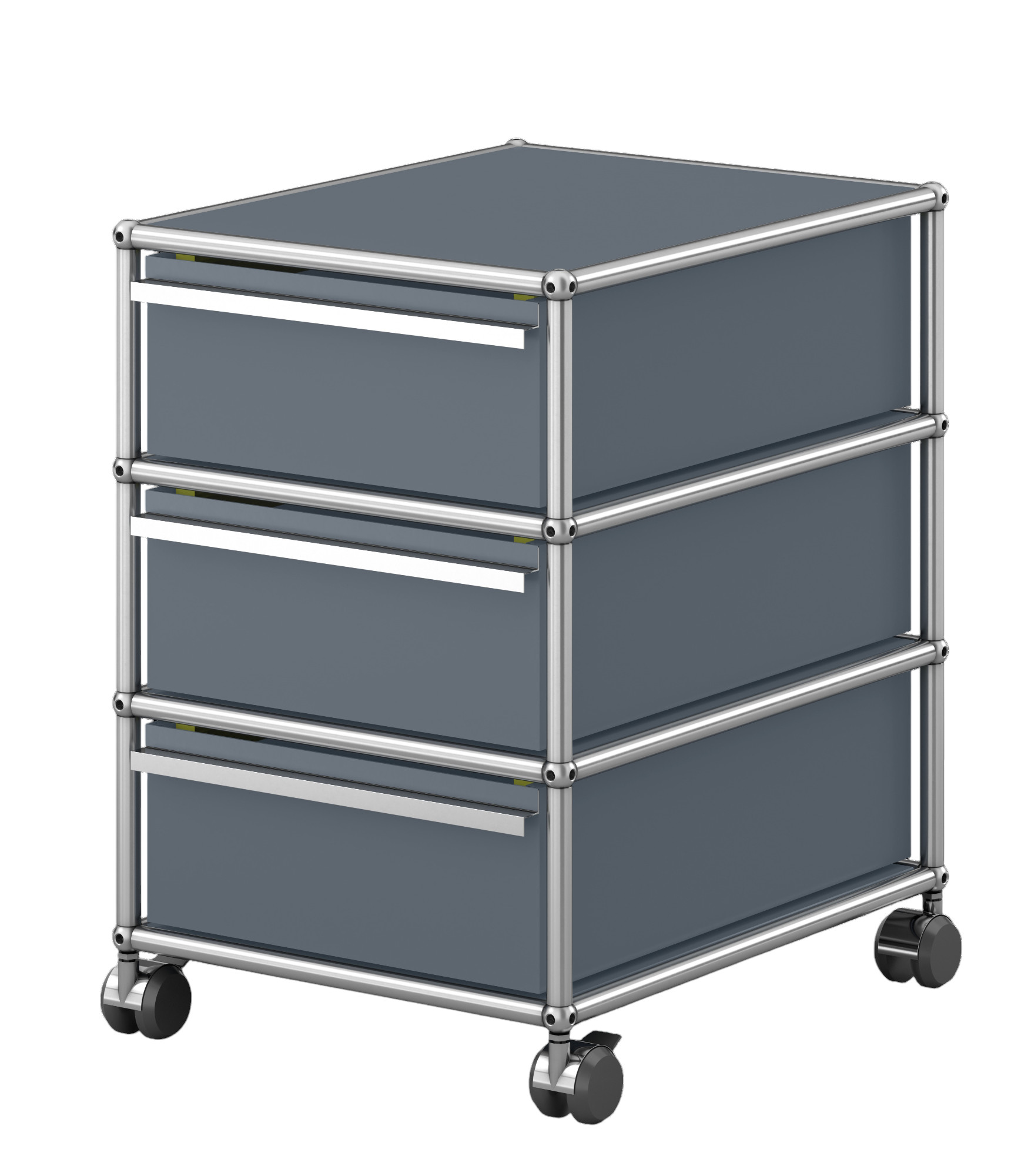 USM Haller Rollcontainer in Mittelgrau mit drei Schubladen und silbernem Gestell auf Rollen.