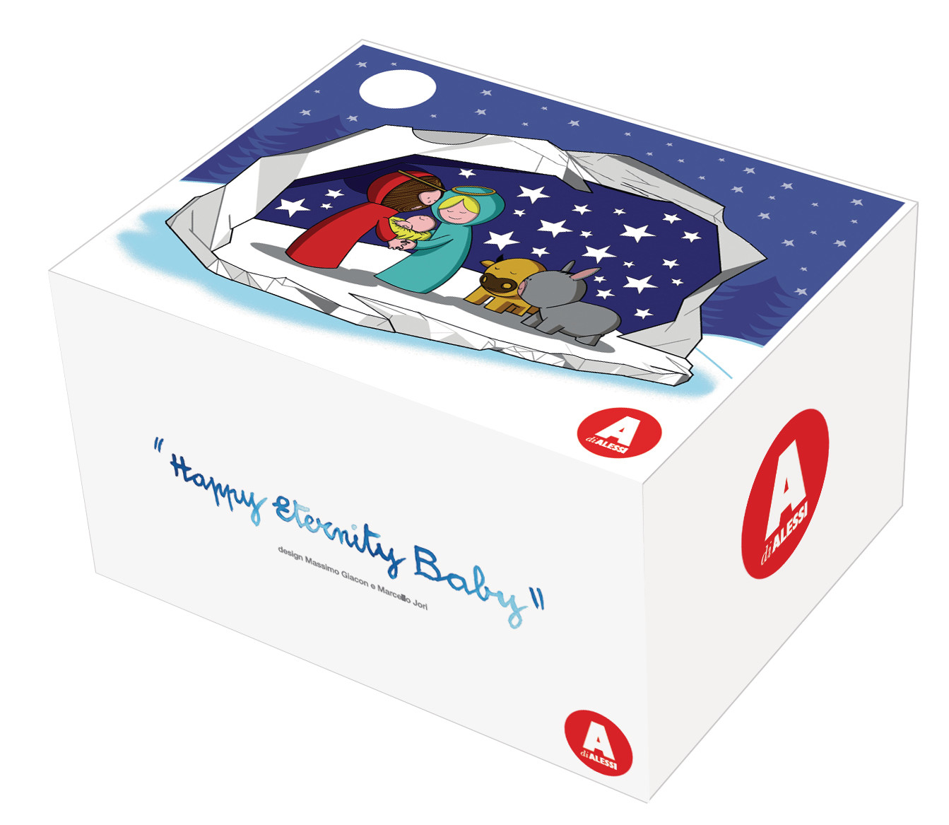 Alessi Weihnachtskrippe "Happy Eternity Baby" Verpackung mit Krippenfiguren und Sternenhimmel.