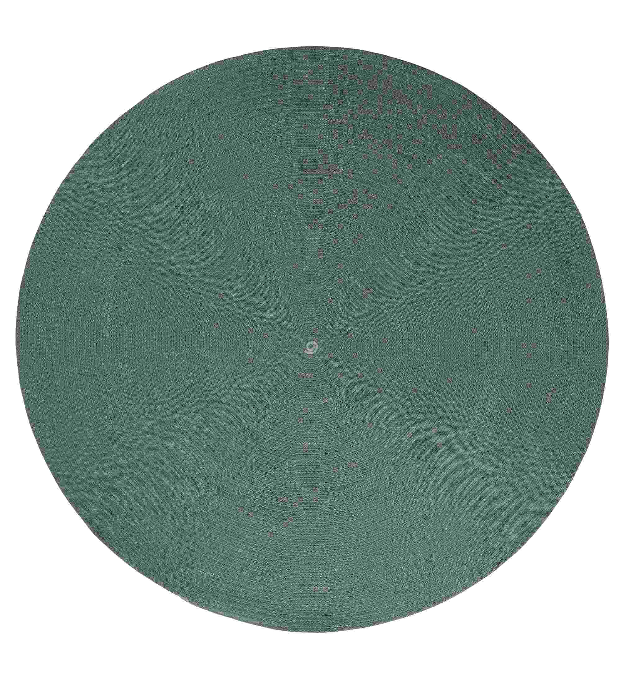 Dunkelgrüner, runder Cane-Line Outdoor Teppich. Wetterfester Teppich für Terrasse und Balkon.