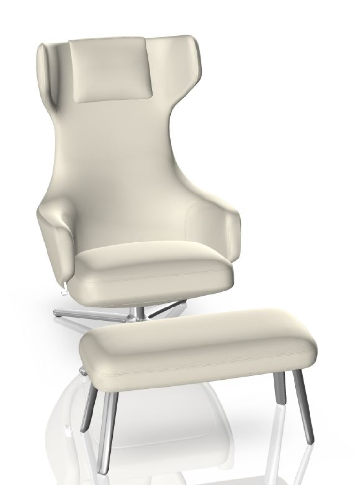 Beiger Grand Repos Sessel von Vitra mit passender Panchina B Fußablage für entspanntes Sitzen.