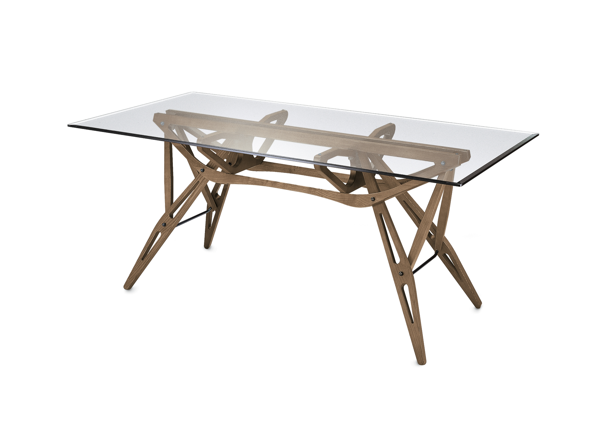 Reale Tisch von Zanotta mit Glasplatte und einzigartigem Holzgestell für Esszimmer und Wohnbereich.