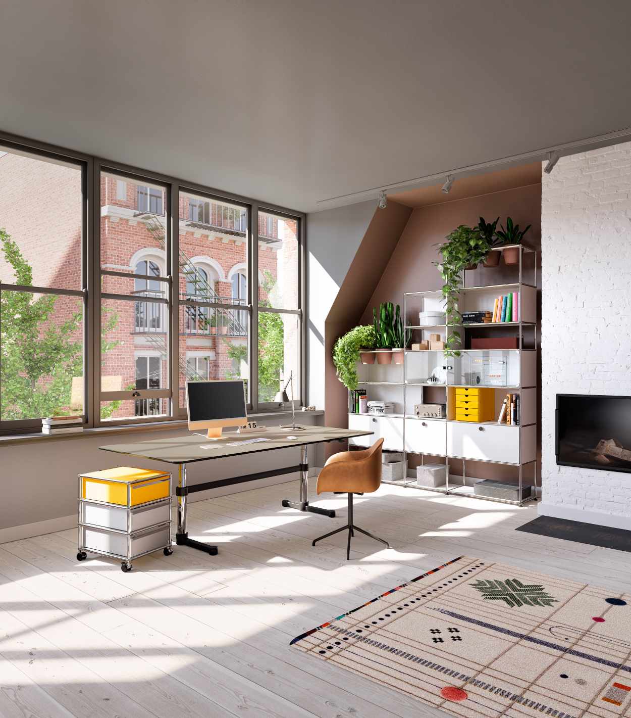 Heller Büroraum mit USM Haller Kitos M Schreibtisch, Regalsystem, Teppich und großem Fenster für optimale Arbeitsatmosphäre.