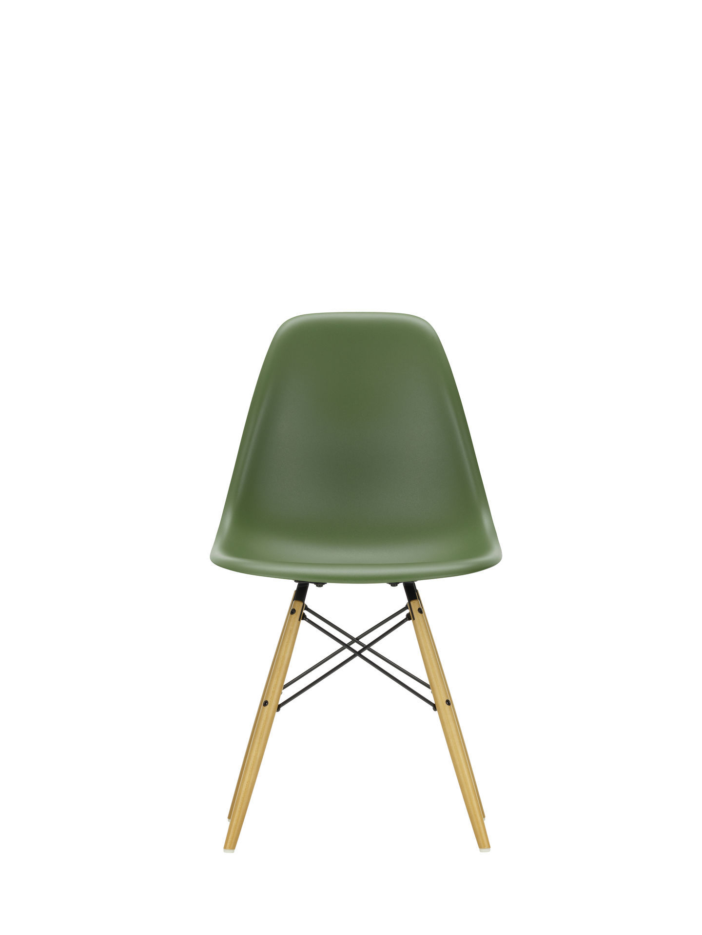 Eames Plastic Side Chair DSW, olivgrüner Stuhl mit honigfarbenem Holzgestell von Vitra.