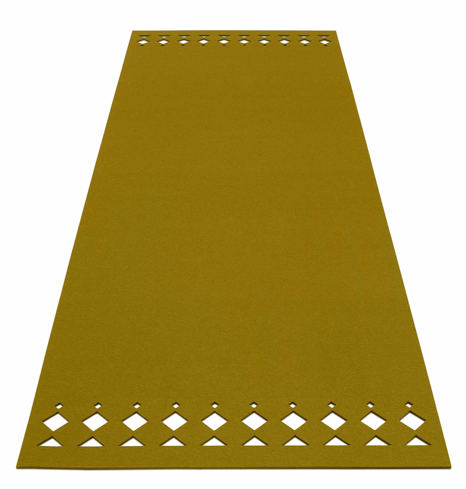 Senffarbener Hey Sign Teppich Rana aus Wollfilz mit dekorativen, gestanzten Rändern für ein modernes Wohnambiente.