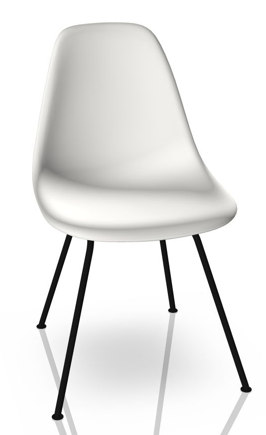Weißer Eames Plastic Side Chair DSX Stuhl von Vitra mit schwarzem Metallgestell. Designklassiker Stuhl.
