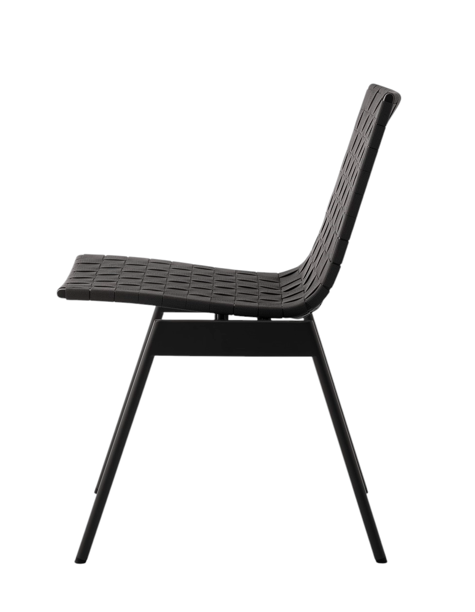 Schwarzer Ville AV33 Outdoor Stuhl von AndTradition, Seitenansicht, geflochtene Sitzfläche und Rückenlehne, minimalistisches Design.