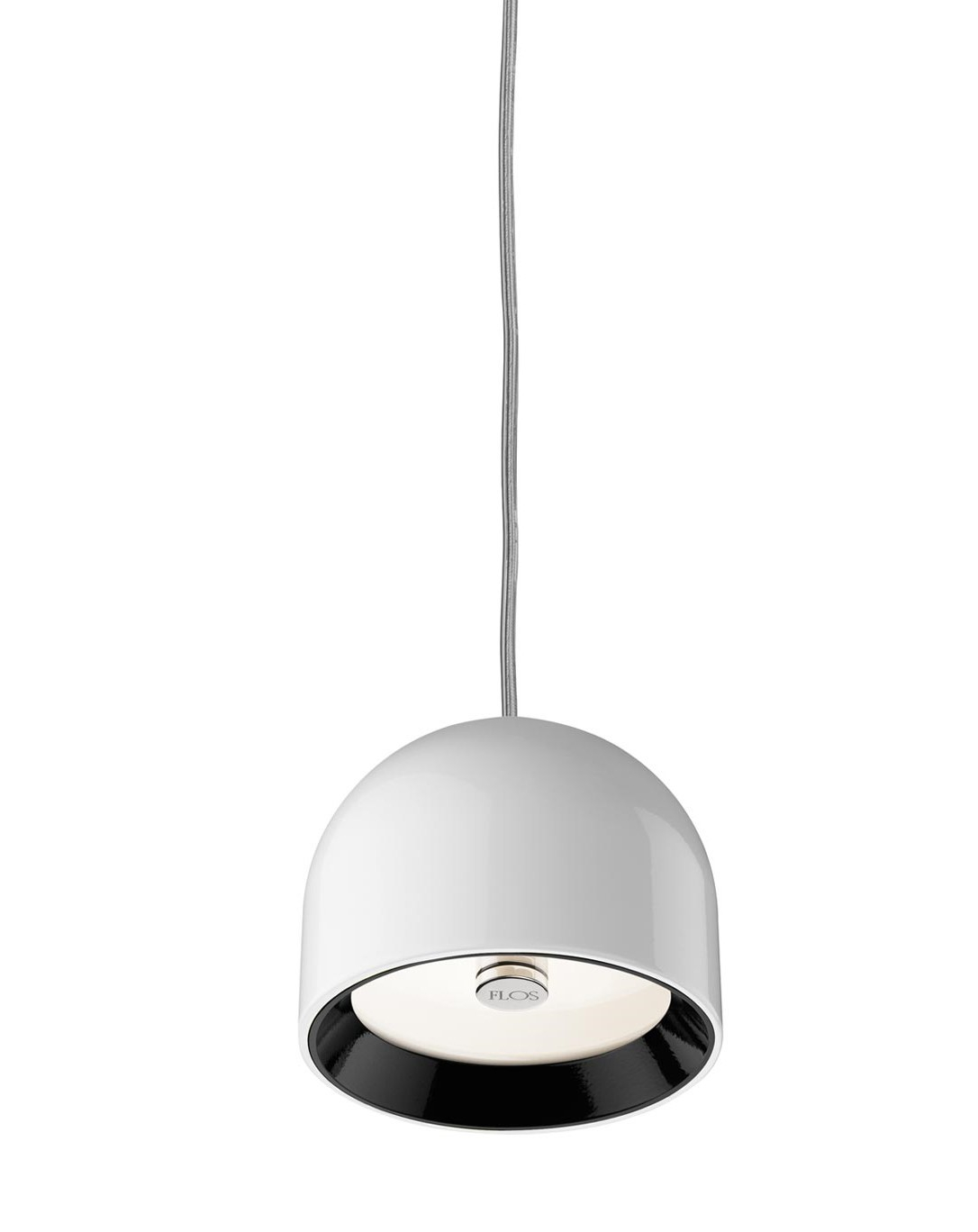 Weiße Wan S Pendelleuchte von Flos, moderne Hängelampe mit glänzender Oberfläche und schwarzem Reflektor.