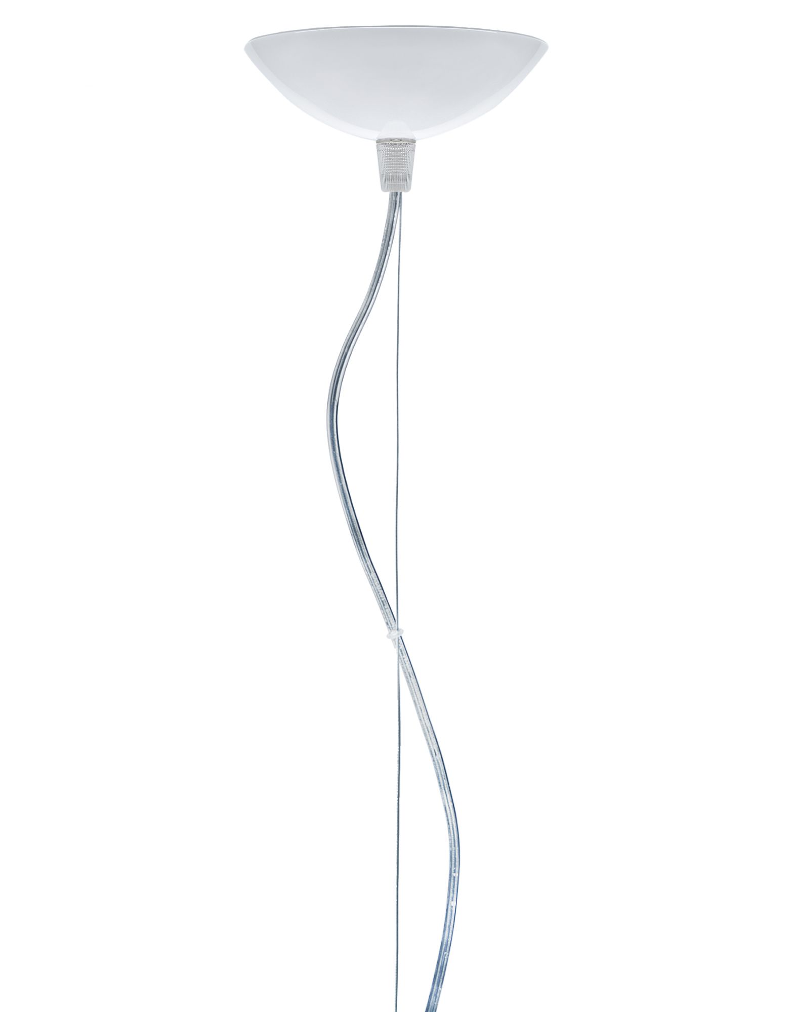 Weiße Big Fly Pendelleuchte von Kartell, moderne Hängelampe mit transparentem Kabel für stilvolle Innenbeleuchtung.