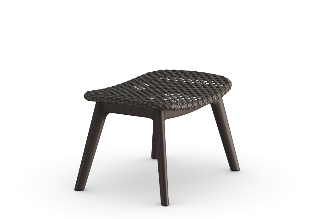 Mbrace Hocker von Dedon mit braunem Sitzkissen aus geflochtenem Material und Aluminium Gestell.