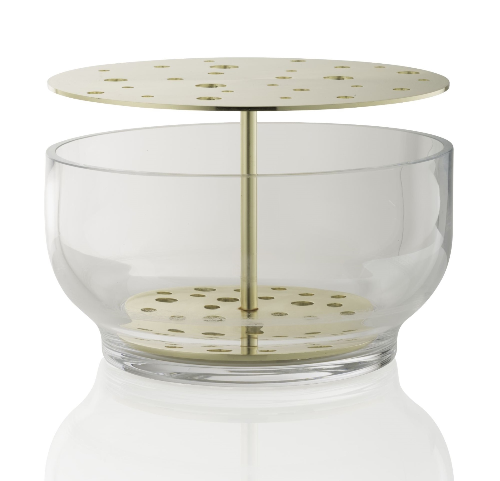 Ikebana Vase groß von Fritz Hansen: Klare Glasvase mit goldenem Blumenigel für japanische Blumenkunst.