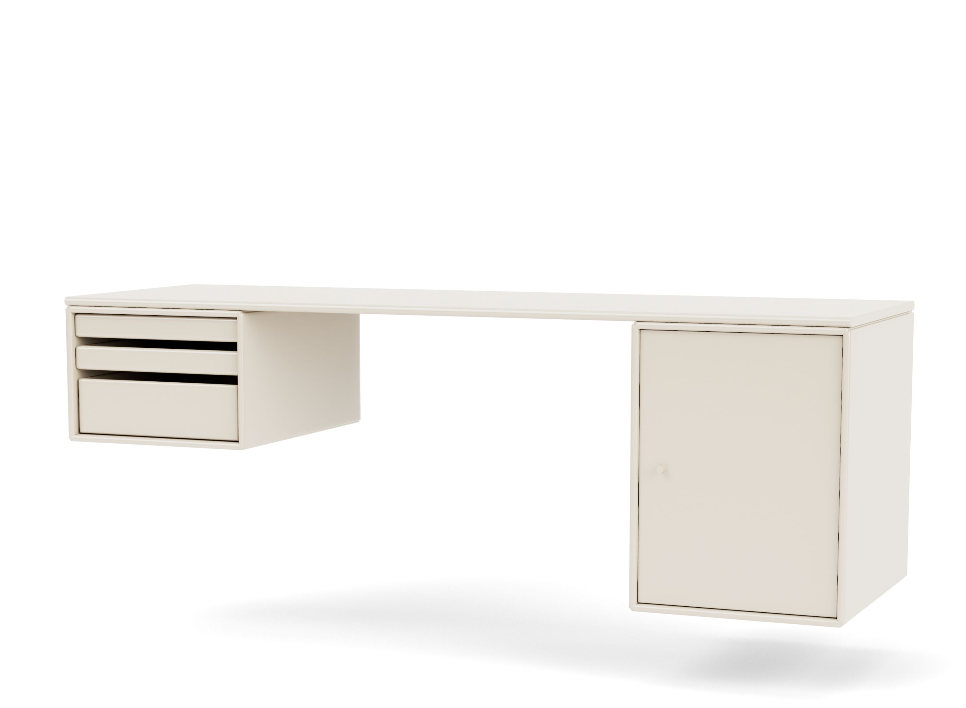 WORKSHOP Montana Schreibtisch in Beige mit Schubladen und Schrank für das Homeoffice.