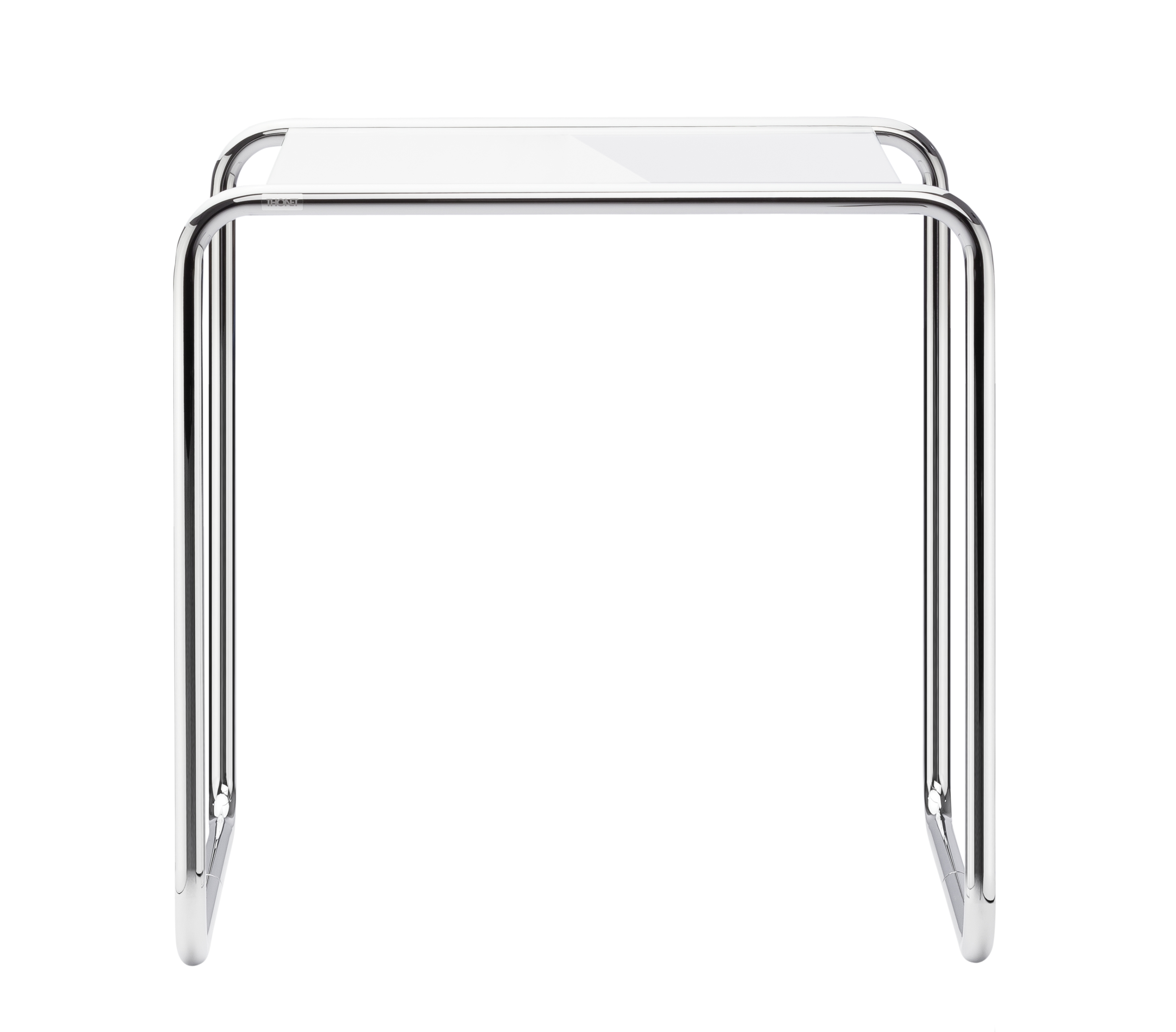B 9 b Thonet Beistelltisch mit verchromtem Stahlrohrgestell und weißer Tischplatte. Moderner Bauhaus Designklassiker.