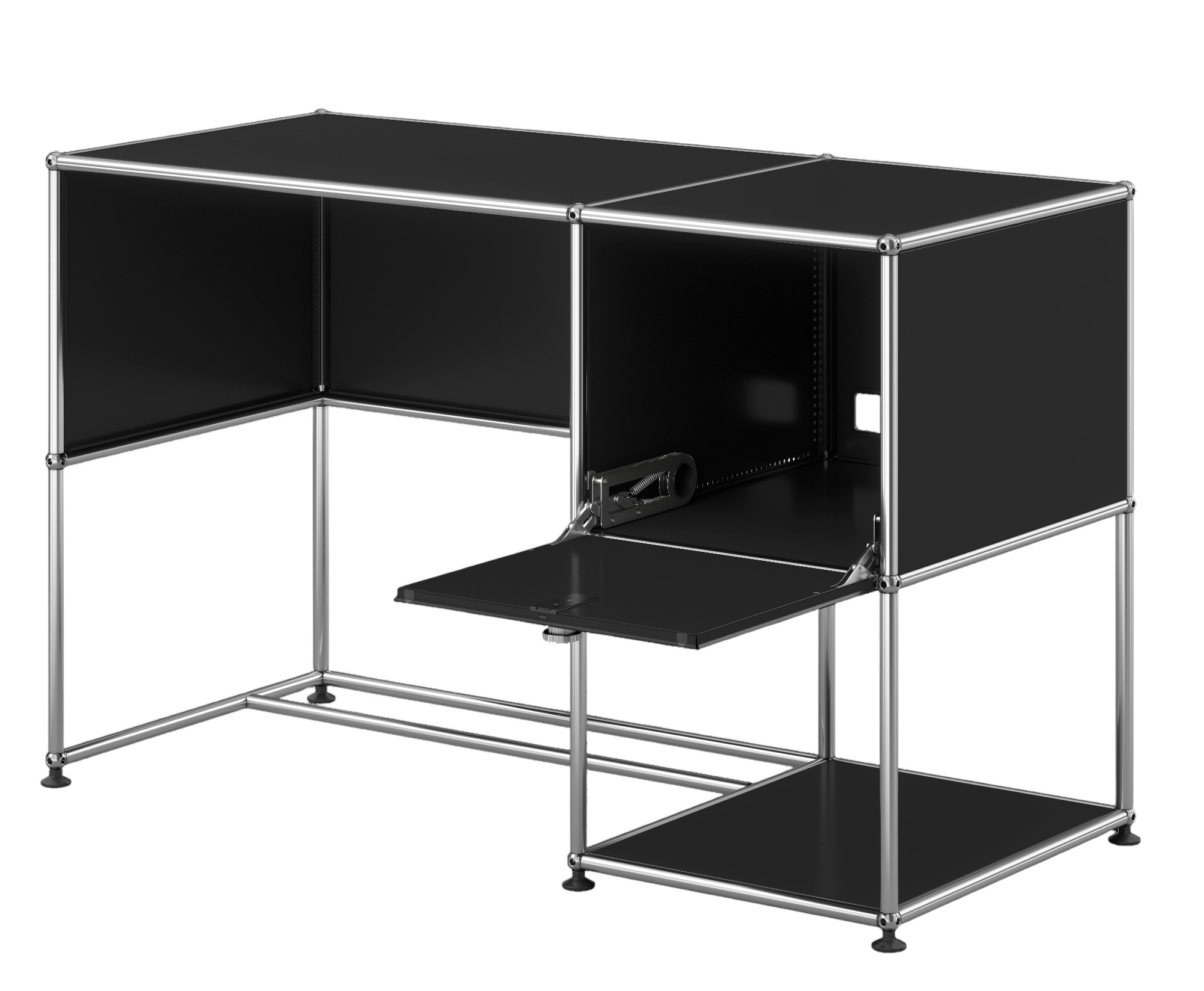 Schwarzer USM Haller Schreibtisch mit Ausziehtablar und Ablagefach, modernes modulares Design für Büro und Homeoffice.