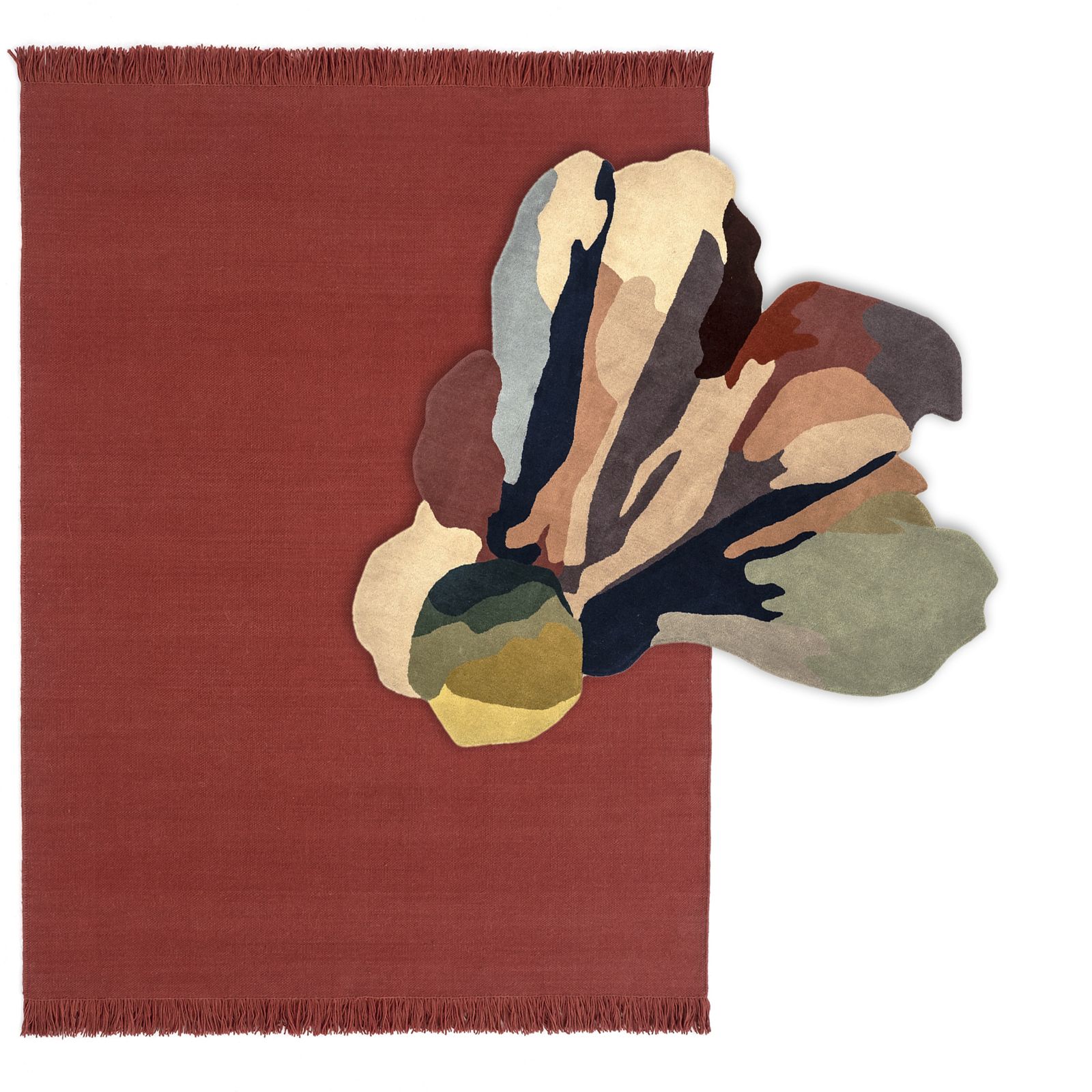 Nanimarquina Teppich Flora Bloom: Roter Wollteppich mit abstraktem Blumenmuster, modernes Design für Wohnzimmer und Schlafzimmer.