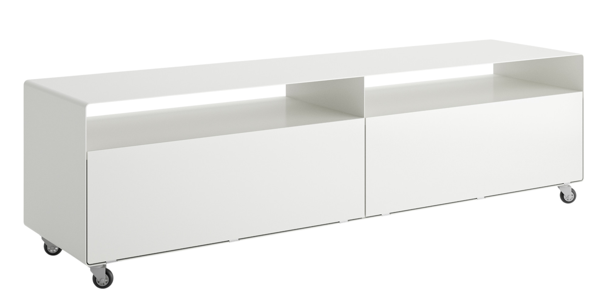 Weißes R110 Sideboard von Müller Möbelfabrikation mit Rollen. Modernes Design für Wohnzimmer und Büro.