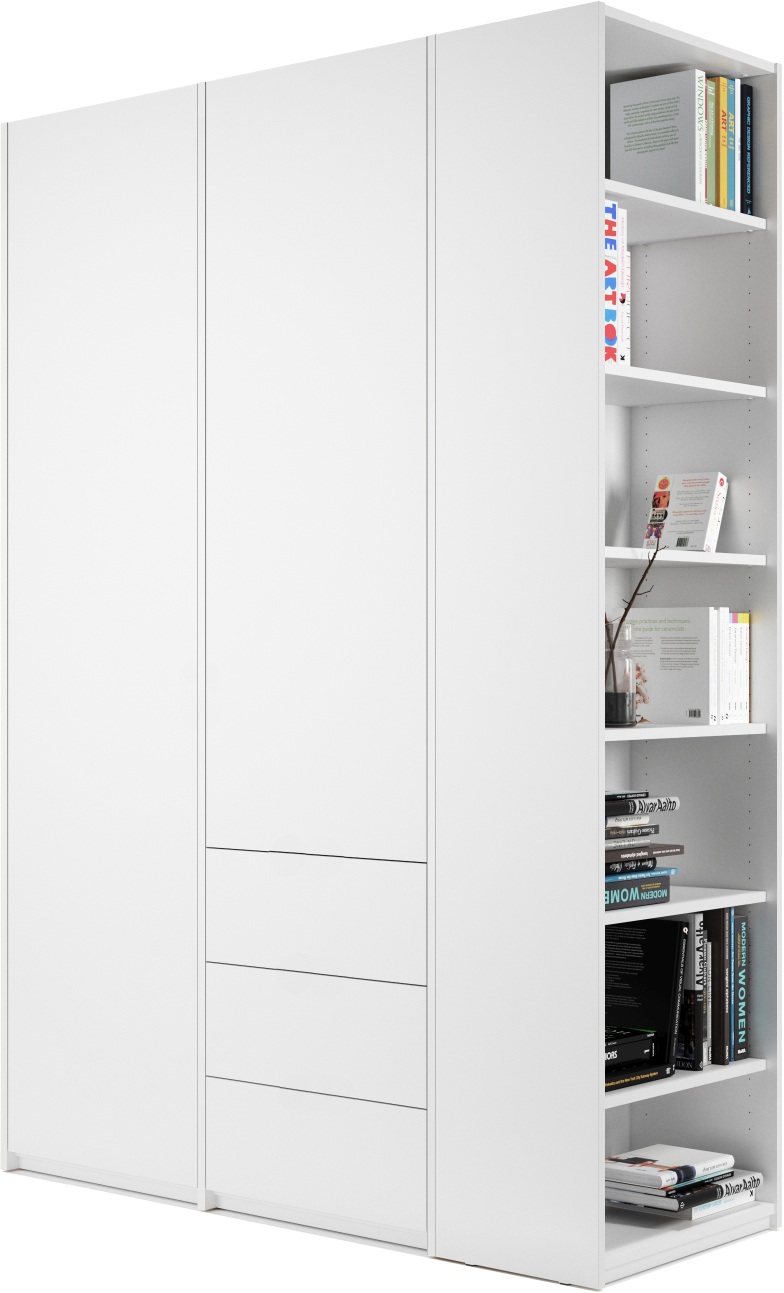 MODULAR PLUS Schrank von Müller Möbelwerkstätten, weiß, mit Türen, Schubladen und offenem Regal.