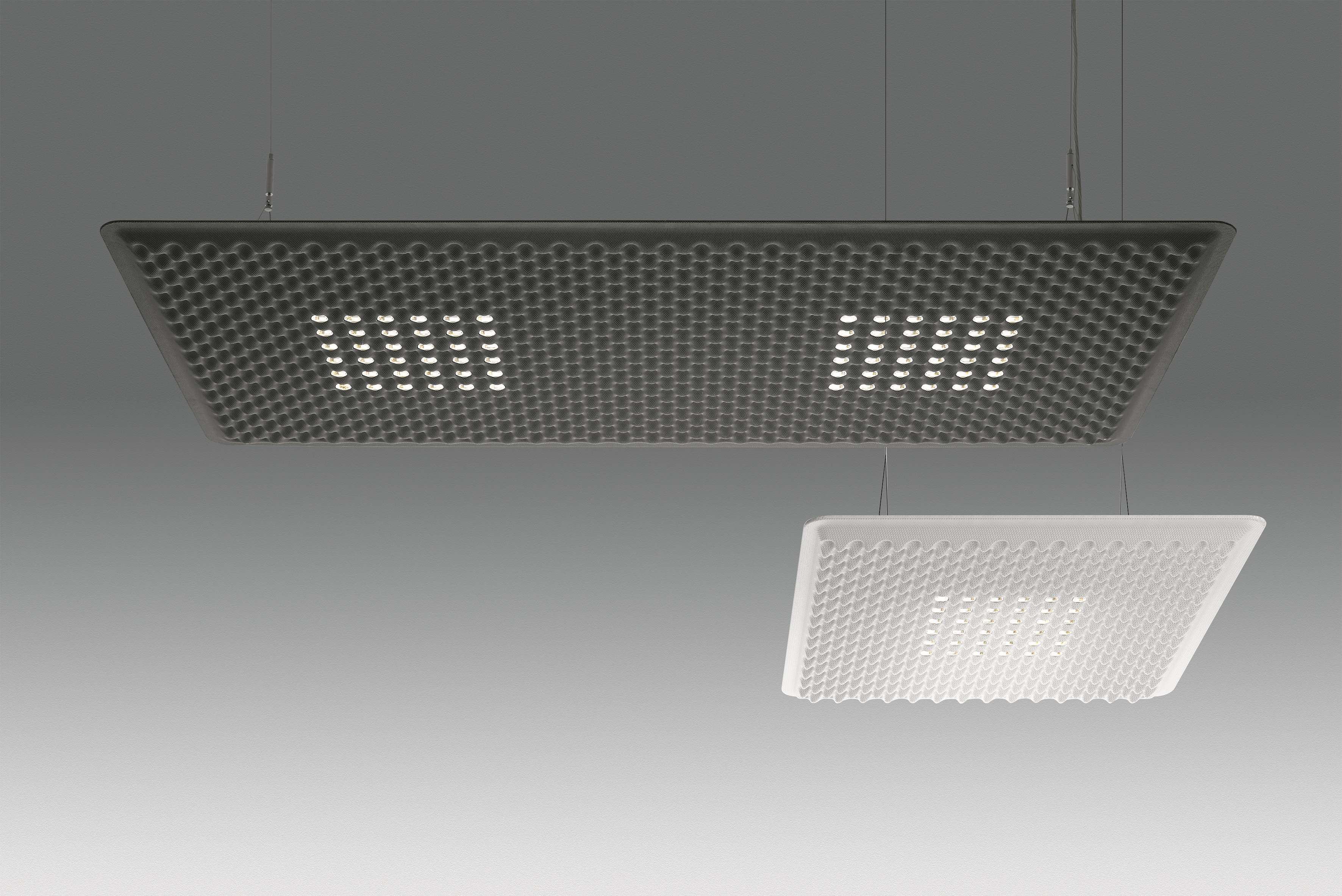 Zwei Eggboard Matrix Pendelleuchten von Artemide in Grau und Weiß mit LED-Beleuchtung.