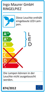 Energielabel der Ringelpiez Stehlampe von Ingo Maurer mit LED-Leuchtmittel und Energieeffizienzklasse.