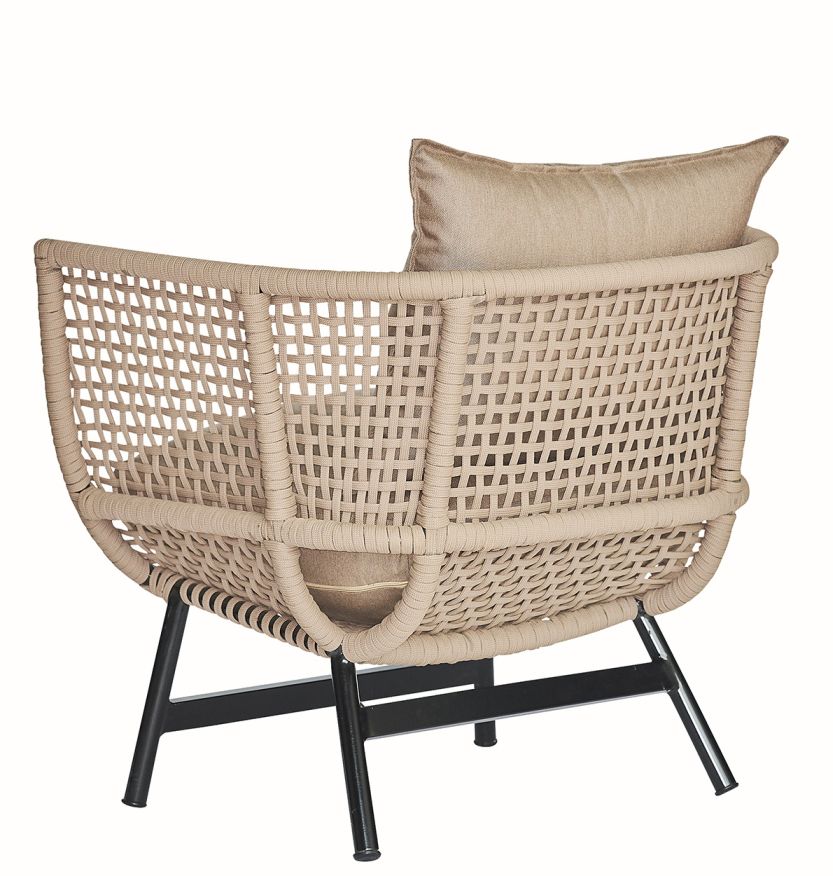 Suka Lounge Sessel Outdoor Jan Kurtz in Taupe mit Kissen, Rückansicht und schwarzem Gestell.