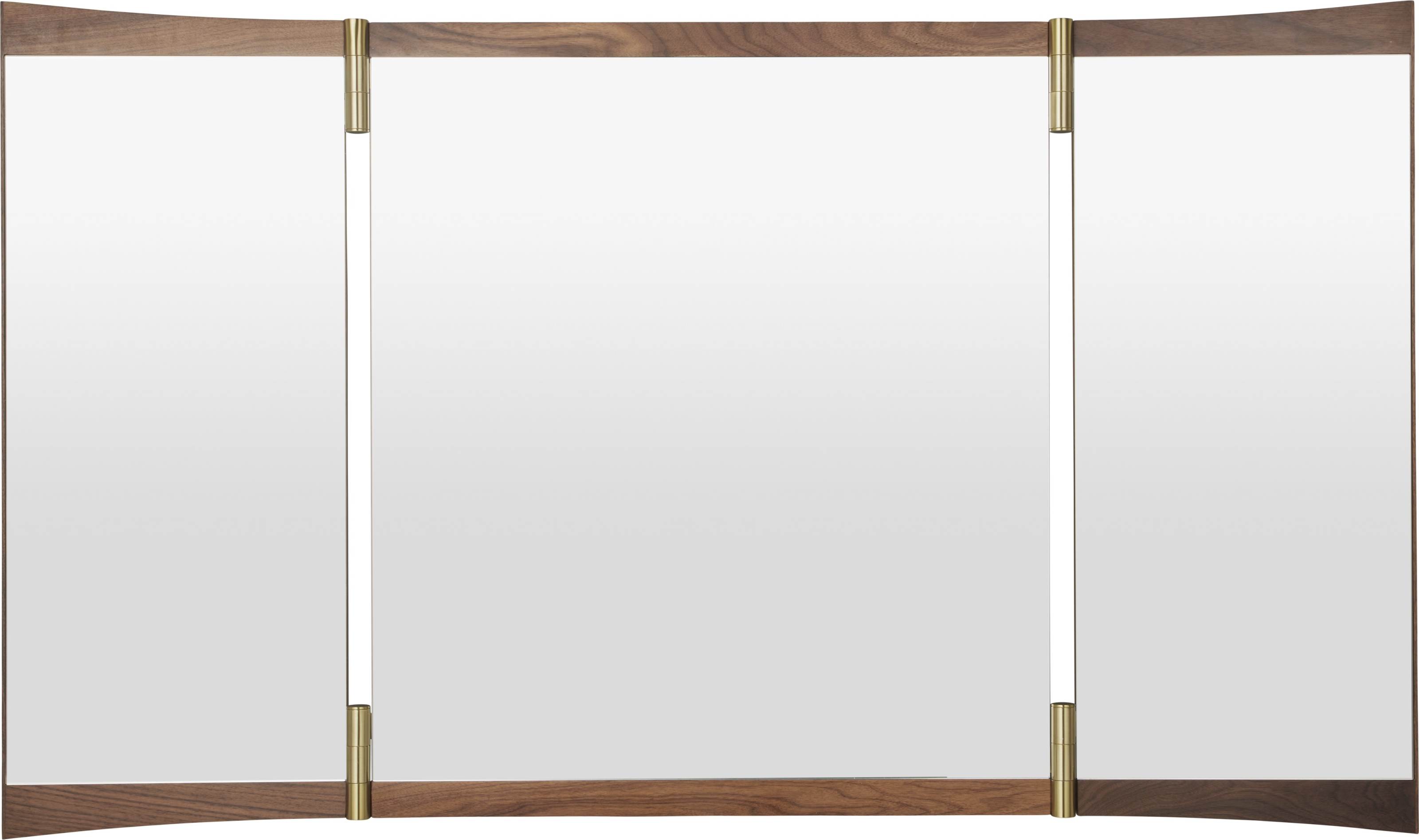 Gubi Vanity Wall Mirror 3 Wandspiegel mit Holzrahmen und Messingdetails für Badezimmer oder Ankleidezimmer.