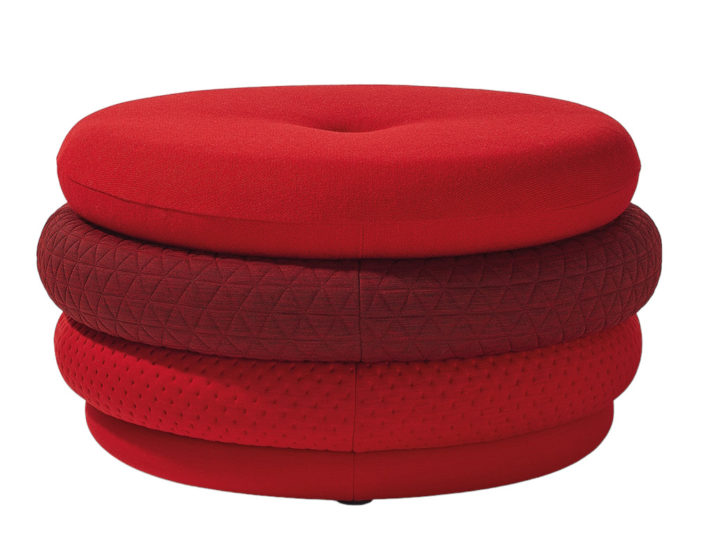 Roter Fat Tom Pouf Hocker von Richard Lampert, runder Sitzhocker ohne Beine.