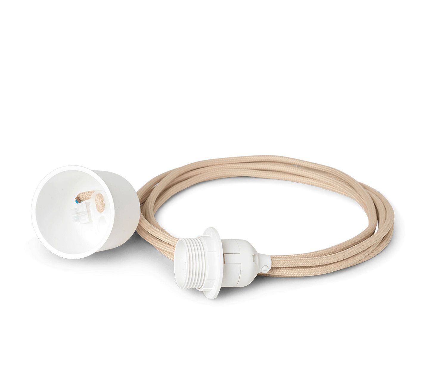 Sandfarbenes Stoffkabel-Set mit Fassung und Baldachin für Lampen, 4 Meter Länge.