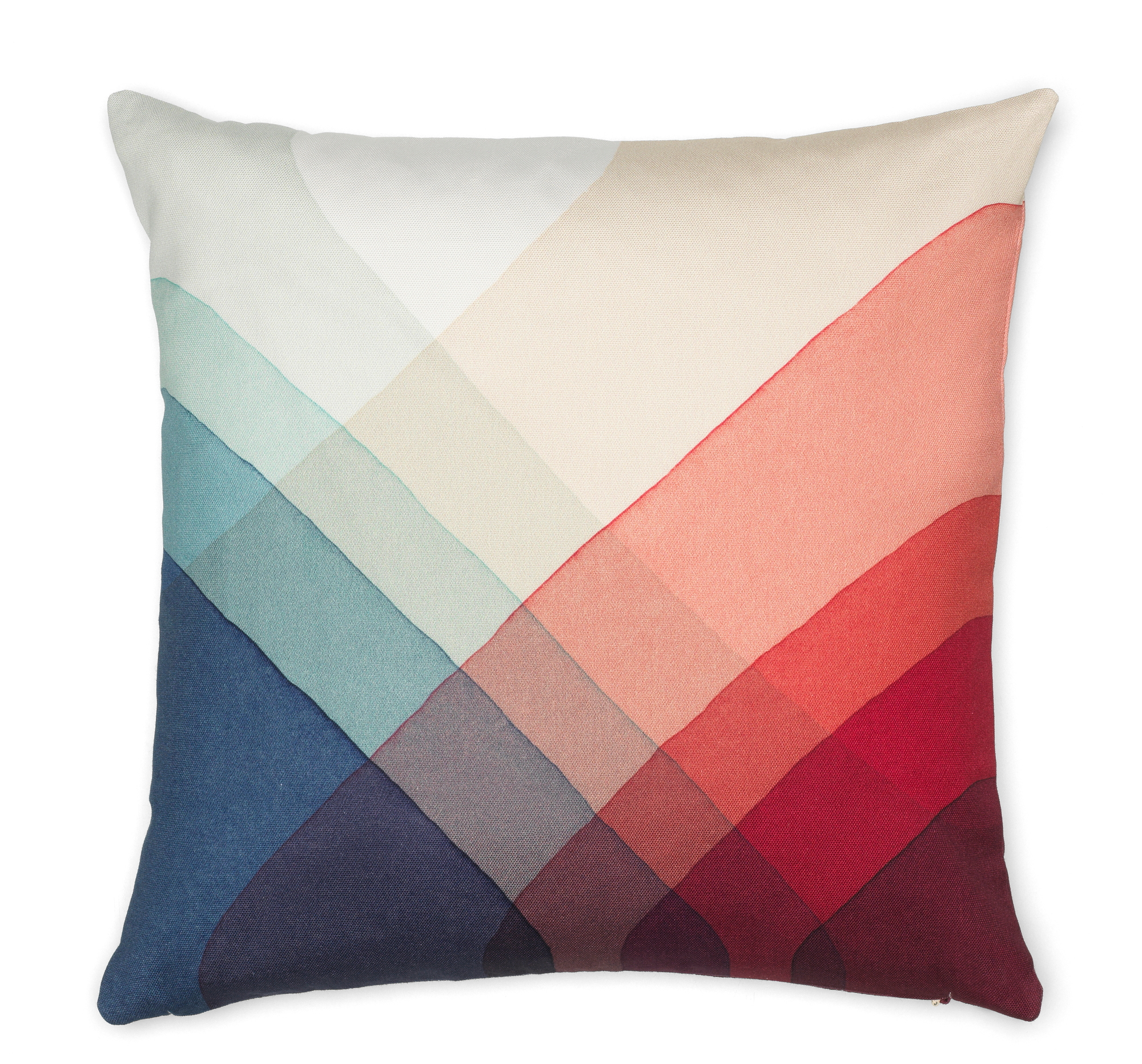 Vitra Heringbone Pillows Kissen mit abstraktem, farbverlaufendem Rautenmuster in Blau-, Beige- und Rottönen auf weißem Hintergrund.