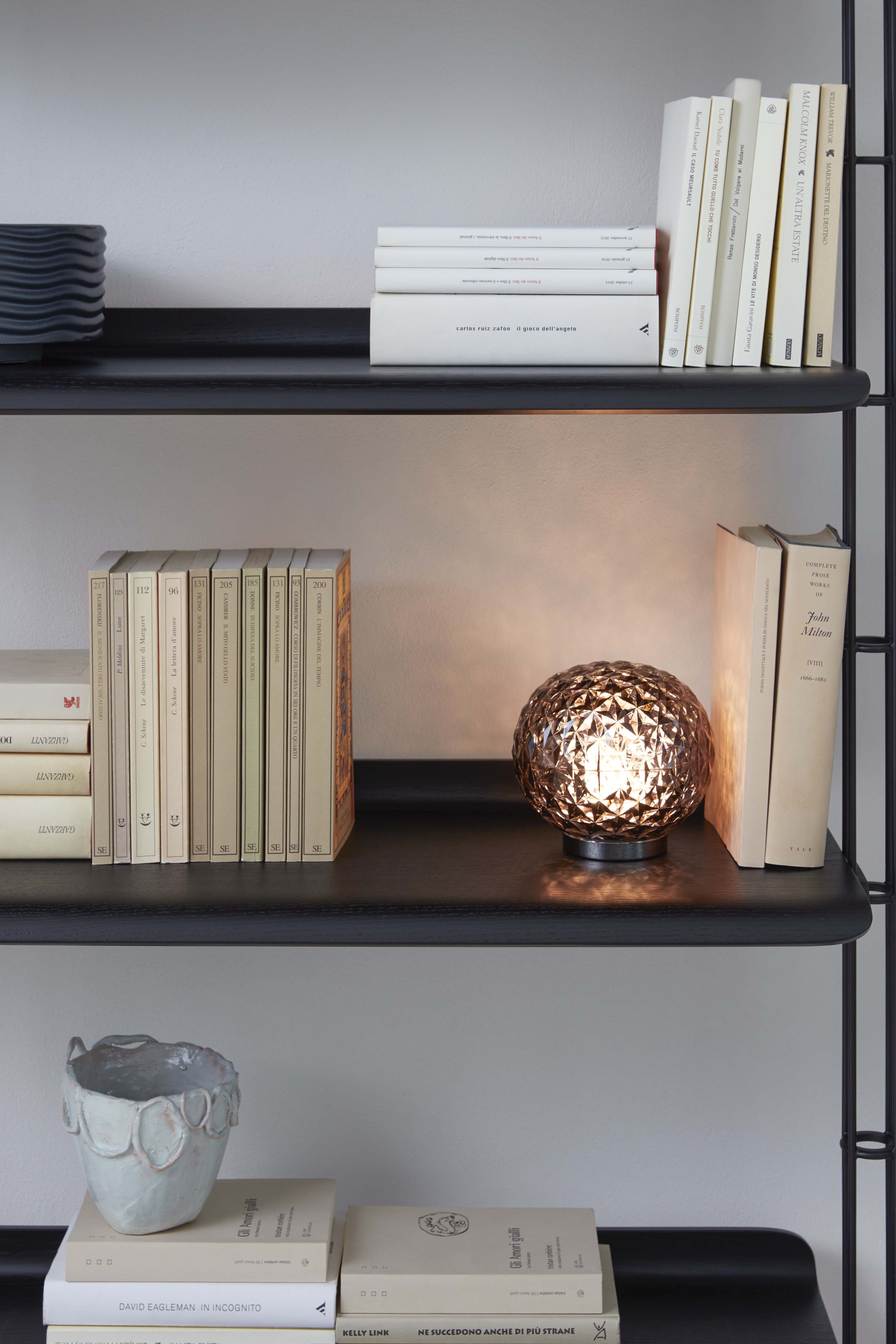 Schwarzes Adam Wood Regal mit Büchern und dekorativer Lampe. Elegantes Wandregal aus Esche.