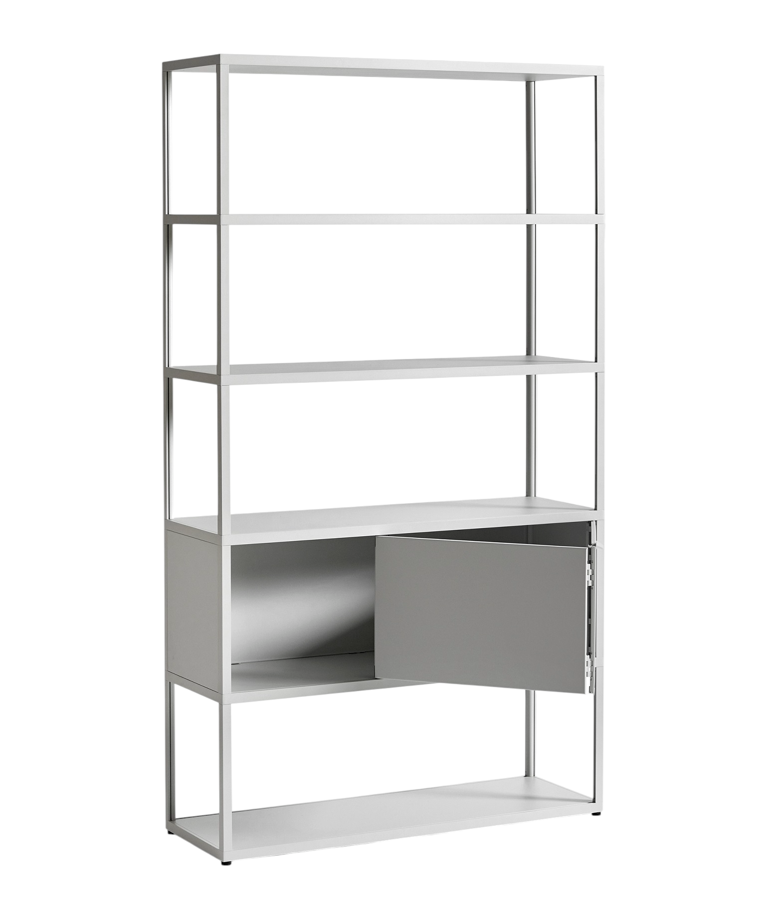 New Order Sideboard in Hellgrau mit Regalen und offener Tür, modernes Wohnzimmermöbel.