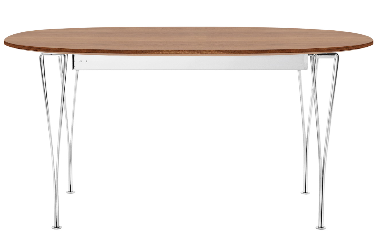 Fritz Hansen Super Elliptisch Ausziehtisch mit Holzplatte und verchromten Stahlbeinen, Frontansicht.