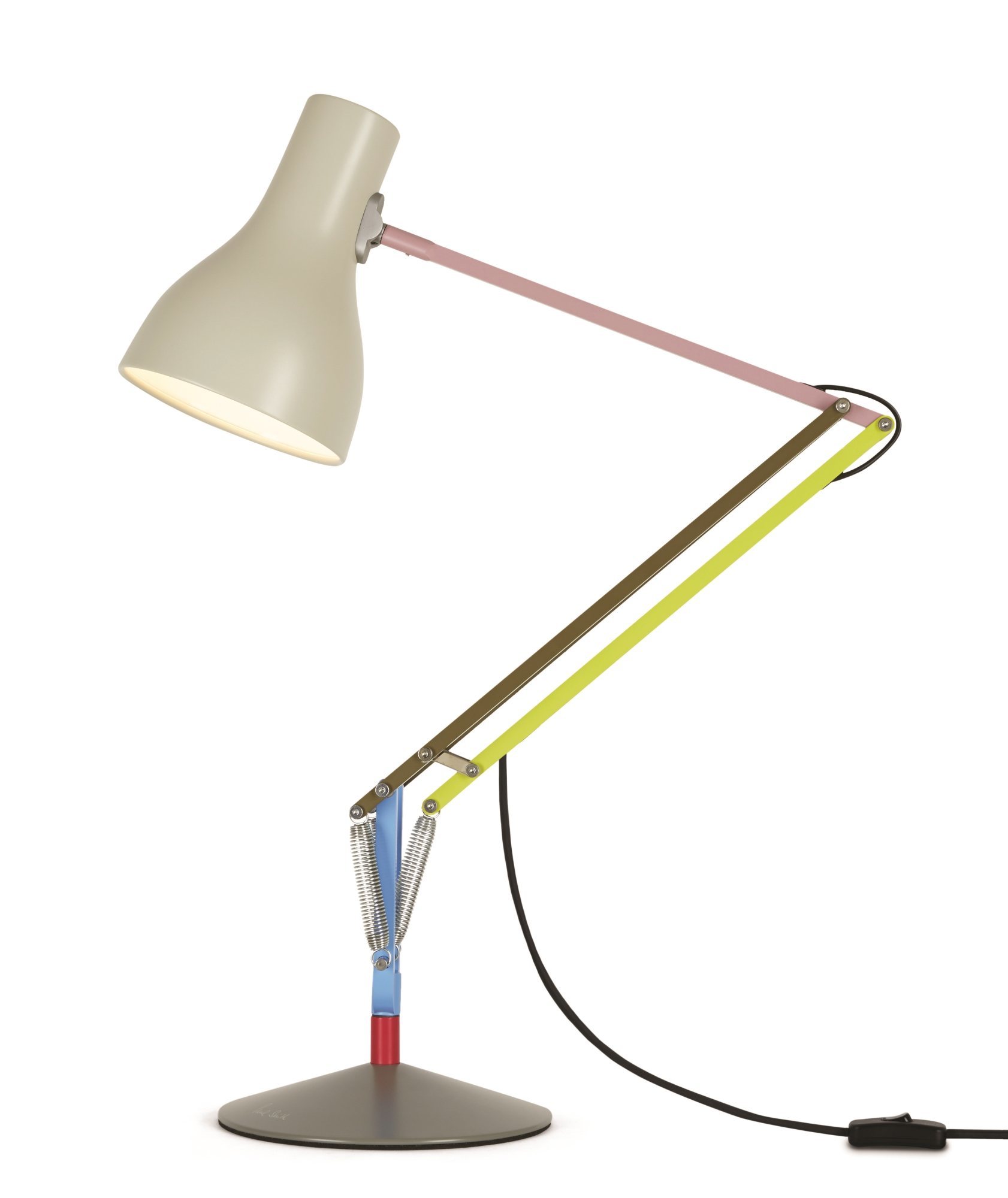 Anglepoise Type 75 Paul Smith Edition Tischleuchte in Beige mit farbenfrohen Akzenten, Detailaufnahme.
