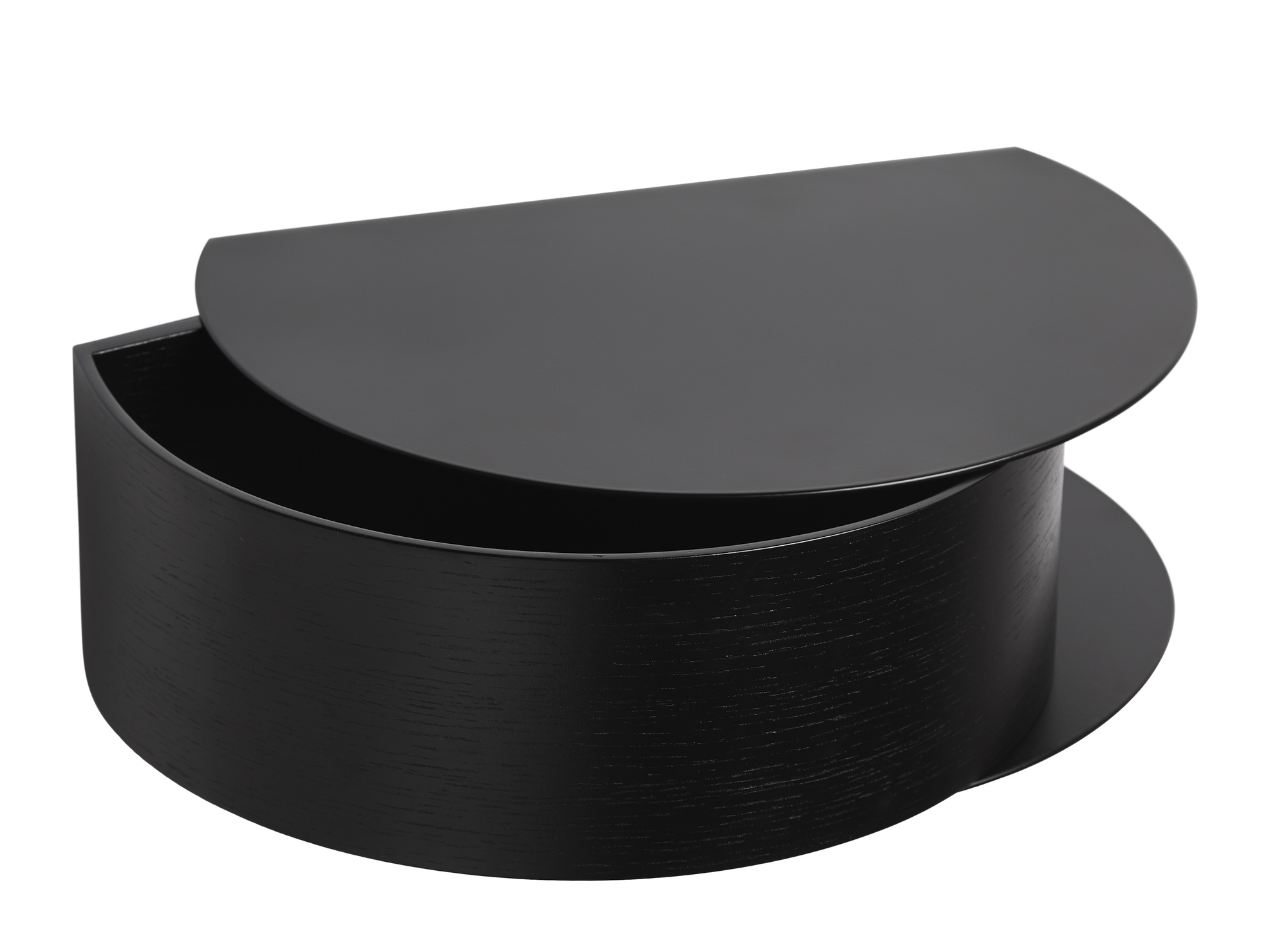 Wallie Wandschublade von Woud, schwarzes Wandregal mit halb geöffnetem Deckel, moderne Aufbewahrung für die Wand.