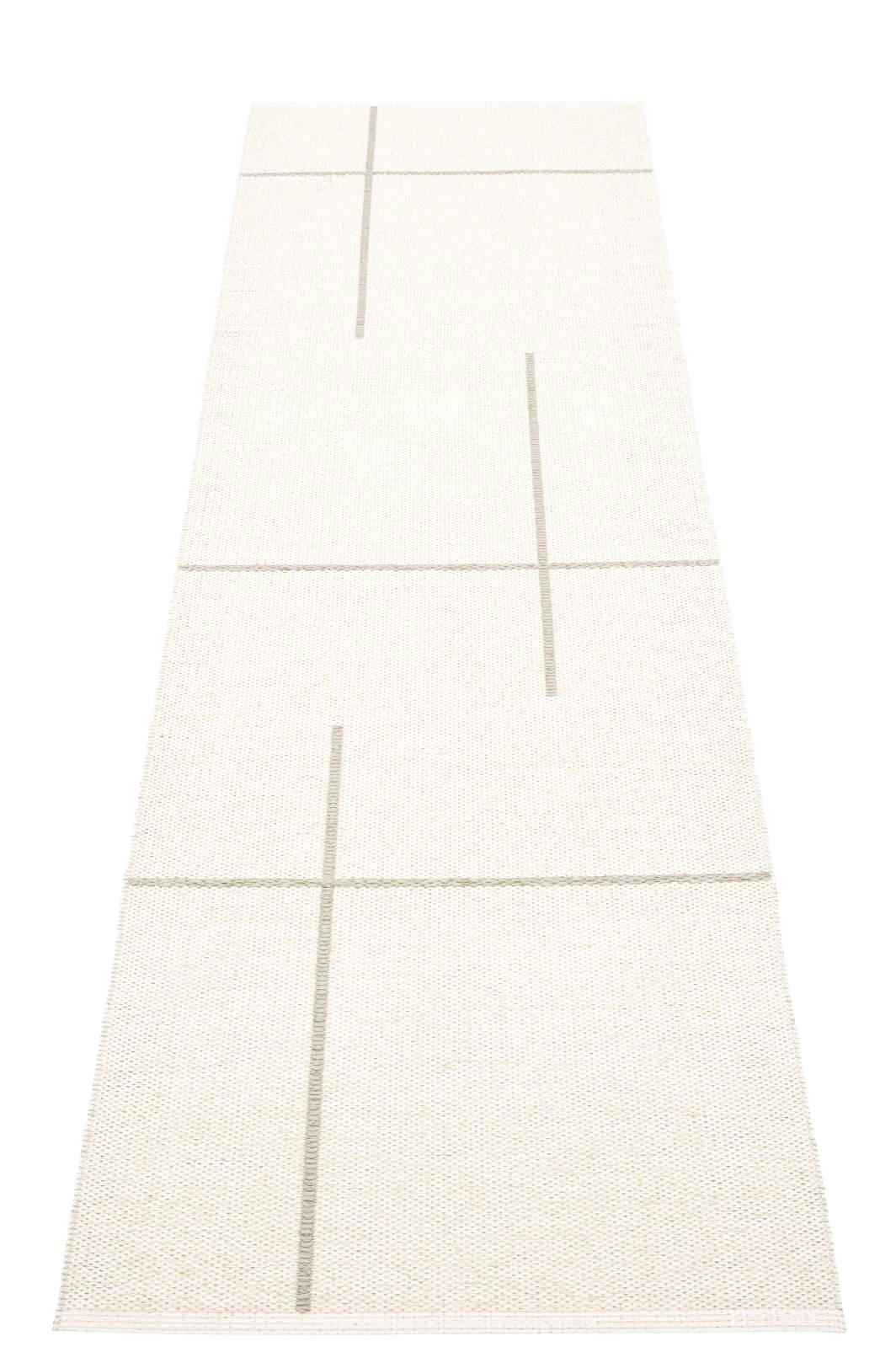 Fred Teppich Pappelina Linen: Weißer Kunststoffteppich mit grafischem Muster, ideal für Küche und Flur.