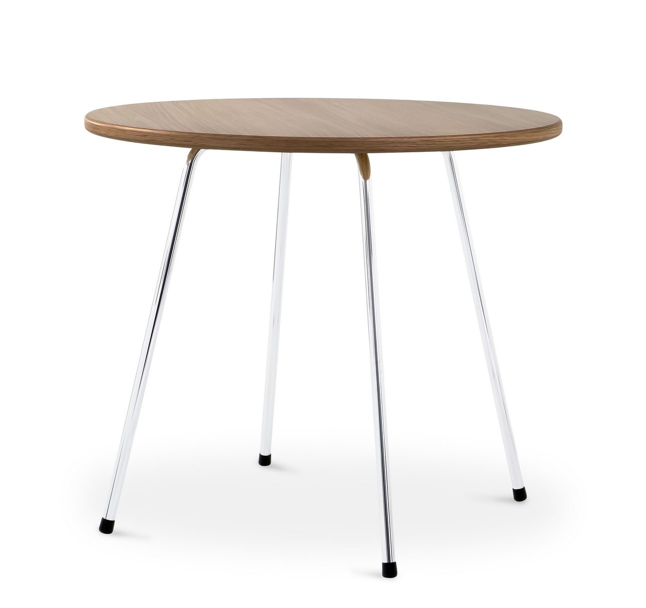 SE 330 Cafétisch von Wilde+Spieth: Runder Nussbaumtisch mit Chromgestell, klar lackiert. Moderner Beistelltisch für Café oder Wohnzimmer.