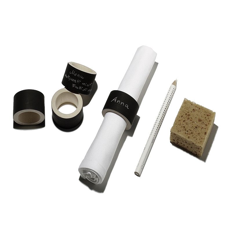 4er Set Serviettenringe zum Beschriften, mit Kreide, Serviette und Schwamm für Tischdekoration.